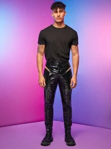FeverCity Men Cut Out PU Leather Pants - Black - View 4