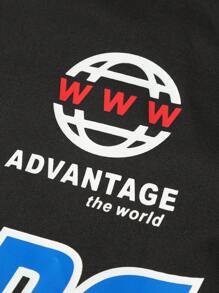 Manfinity Homme 1 件男士宽松字母印花条纹边饰保暖冬季外套 - 黑色 - 查看 4