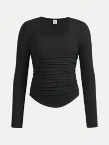 SHEIN Teenager Mädchen Gestricktes, einfarbiges, plissiertes T-Shirt mit quadratischem Ausschnitt, 2 teiliges Set
