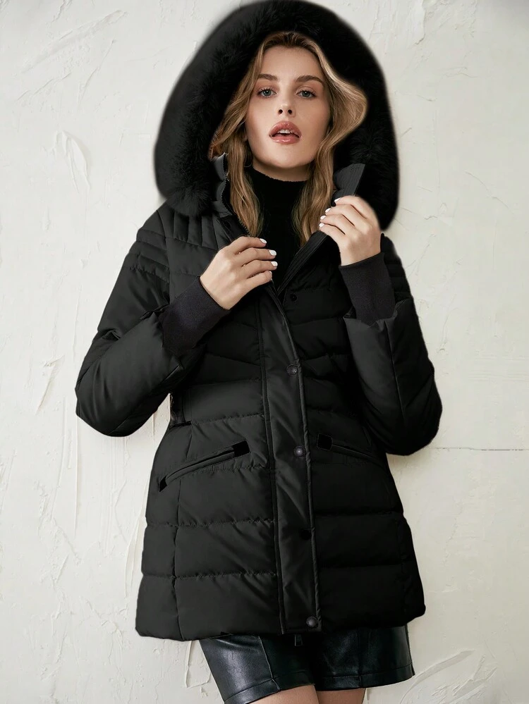 Fuzzy Trim Hooded Padded Coat