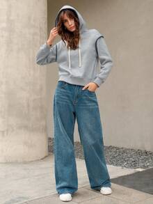 SHEIN Unity Capucha ribete en contraste con cordón - Gris Claro - Ver 4