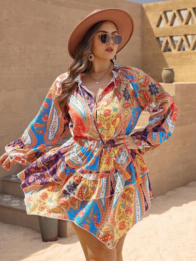 SHEIN VCAY Talla grande Blusa con estampado de retazo de manga amplia & Falda bajo asimétrico