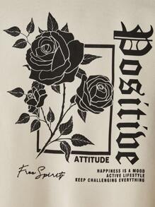 Manfinity RebelGame 男士花和標語圖案抽繩連帽衫 - 卡其色 - 查看 3