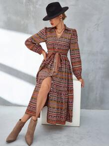 SHEIN VCAY Allover Print Belted Shirt Dress - Multicolor - View 3