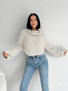 EURMUSE 堆堆領插肩袖條紋針織套頭毛衣 - 米色 - 查看 3