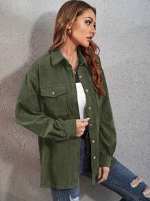 SHEIN LUNE Flap Pocket Drop Shoulder Corduroy Blouse Women Shirt - Army Green - View 3