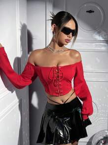 SHEIN ICON 一字肩前繫帶短款運動衫