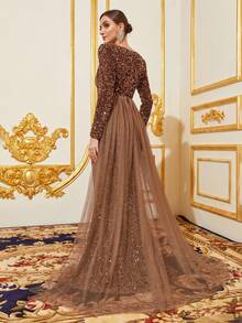 Faeriesty Women's Elegant V-Neck Long Sleeve Evening Gown With Thigh-High Slit & Flared Mermaid Hemline – Luxe Formal Dress For Red Carpet Galas, Black-Tie Charity Balls, Opera Premiere Nights, Wedding Reception Dinners, And Award Ceremony Events - Coffee Brown - View 2
