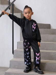 SHEIN 女小童蝴蝶圖案連帽衫和運動褲 - 黑色 - 查看 5