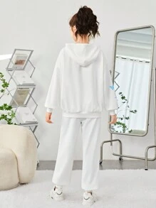 SHEIN Thiếu niên cô gái Đồ họa Hoạt hình Áo Hoodie & Quần thể thao - trắng - Xem 2