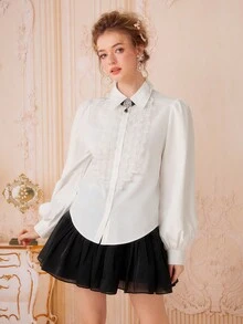 SHEIN MOD 蕾絲邊燈籠袖襯衫不附帶水鑽 - 白色 - 查看 4