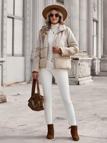 EMERY ROSE 对比拼接拉链衬垫大衣 - 杏色 - 查看 5