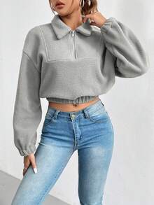 SHEIN Essnce Một nửa khóa kéo Thả vai Mùa vụ Teddy Áo nỉ - Xám - Xem 5