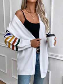 SHEIN Essnce 條紋圖案落肩袖開襟開衫 - 白色 - 查看 6