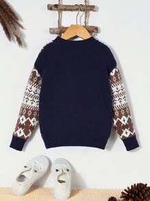 SHEIN Young Boys Casual Geometric Patterned Sweater With Button Decor - Multicolor - View 2