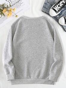 SHEIN EZwear 卡通圖案落肩袖運動衫 - 灰色 - 查看 2