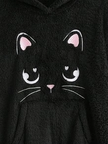 ROMWE Kawaii 卡通刺繡毛茸茸連帽衫 - 黑色 - 查看 4