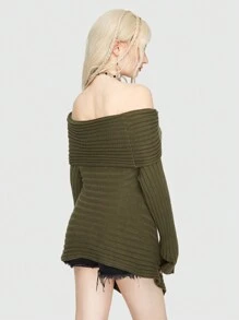 ROMWE Fairycore Jersey Con Flecos Y Hombros Descubiertos Para Mujer Con Tejido De Ochos - Verde militar - Ver 5