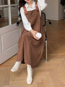 DAZY Pocket Front Overall Dress With Adjustable Strap Without Shirt - Coffee - View 5