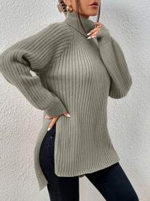 EURMUSE Turtleneck Raglan Sleeve Split Hem Sweater - Green - View 5
