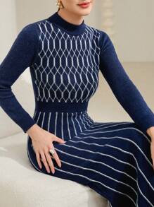 Modelyn Argyle Pattern Mock Neck Mermaid Hem Sweater Dress Without Belt Fall Cloth For Women - Blue and White - View 6