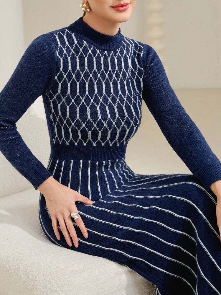 Argyle Pattern Mock Neck Mermaid Hem Sweater Dress Without Belt Fall Cloth For Women