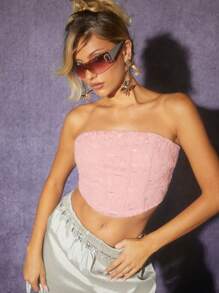 Hauture 蕾絲覆蓋短款無帶背心 - 粉色 - 查看 6