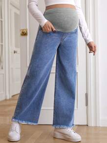SHEIN Maternity Wide Leg Raw Hem Jeans - Light Wash - View 5