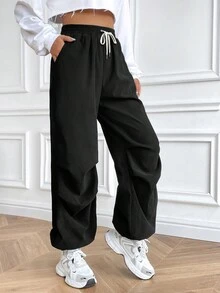 SHEIN Unity Chất rắn Eo dây rút Quần - màu đen - Xem 6