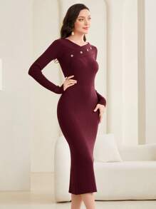 Modelyn Burgundy Red Solid Button Detail Ribbed Knit Sweater Dress - Burgundy - View 3