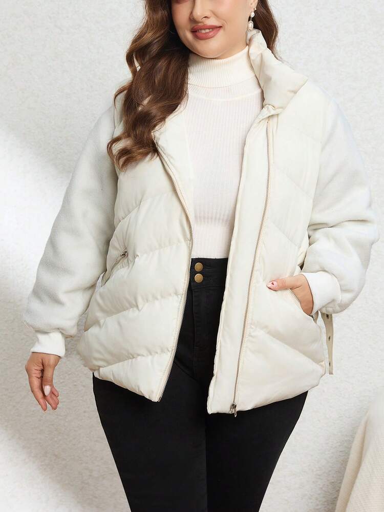 Plus Size Winter Patchwork Long-Sleeved Jacket With Waistband And Waist Design