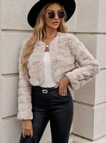 SHEIN Clasi Abrigo corto abierto de frente sólido y esponjoso para otoño/invierno - Albaricoque - Ver 6