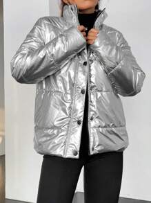 Flirla Zip Up Snap Button Metallic Padded Padded Coat Clothes Winter Fall Cloth For Women
