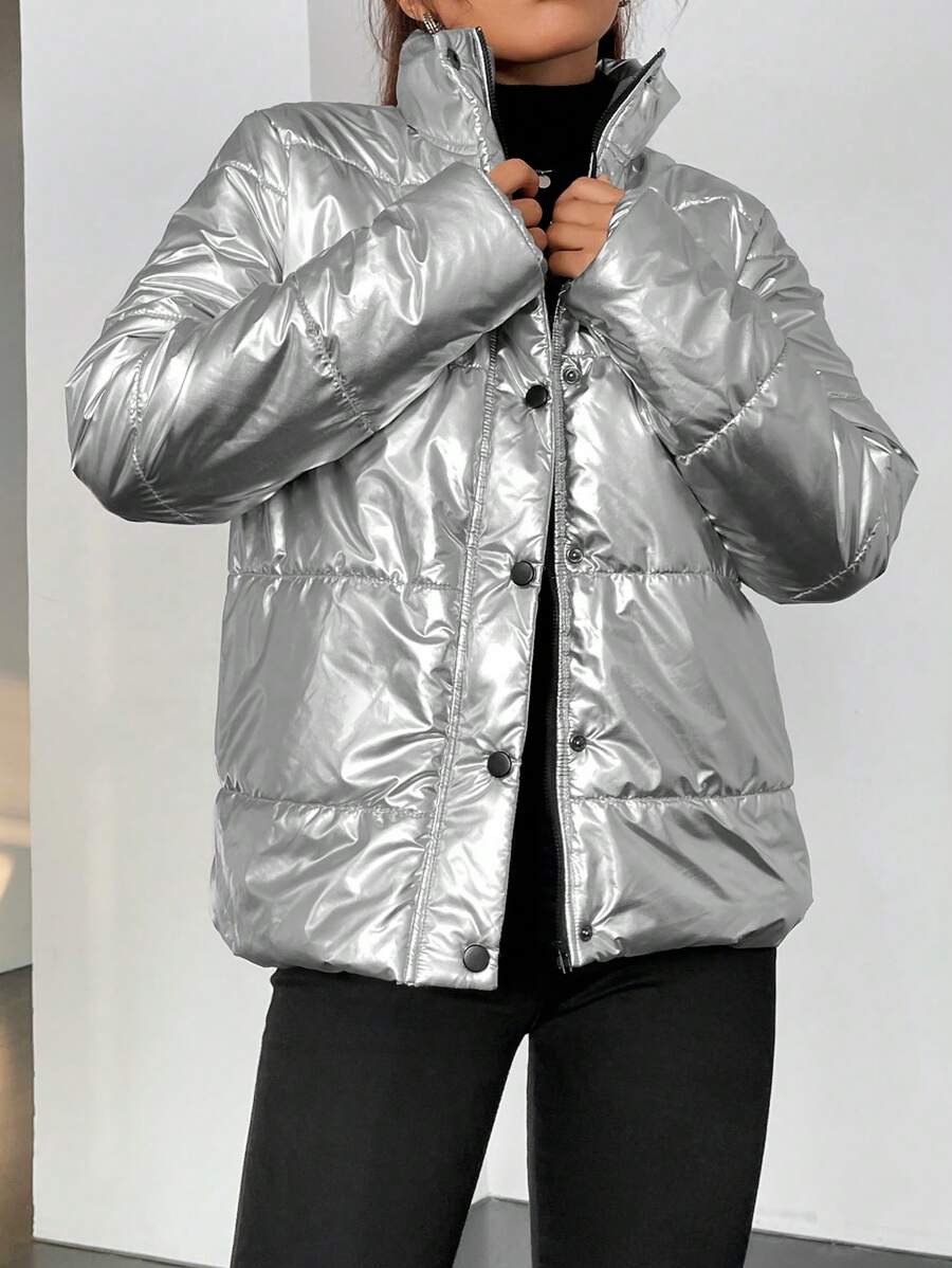 Flirla Zip Up Snap Button Metallic Padded Padded Coat Clothes Winter Fall Cloth For Women