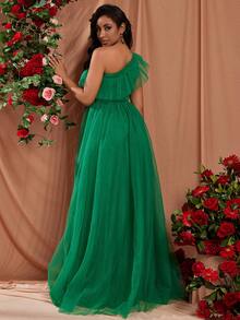 單肩荷葉邊網紗正式洋裝 - 綠色 - 查看 2