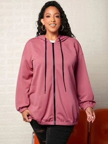 SHEIN CURVE+ 大碼標語圖案落肩袖抽繩連帽夾克 - 紅色 - 查看 3