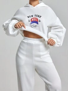 EURMUSE Letter Graphic Drop Shoulder Hoodie & Sweatpants - White - View 4