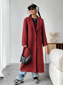 SHEIN Unity Women's Casual Mandarin Collar Single-Breasted Long Sleeve Overcoat, Autumn - Red - View 5