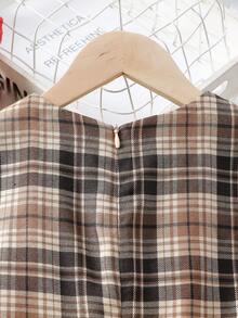 3 cái/bộ Thiếu niên Cô gái Kẻ sọc Giải trí Áo khoác + Váy không tay + Mũ Bộ - màu nâu - Xem 7