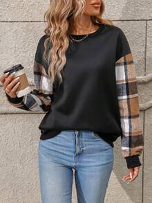 EMERY ROSE Sudadera de cuadros en contraste con estampado de hombros caídos - Negro - Ver 5