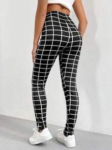 SHEIN Unity Grid Print Elastic Waist Leggings - Black - View 2