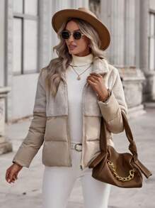 EMERY ROSE 对比拼接拉链衬垫大衣 - 杏色 - 查看 1