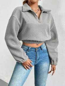 SHEIN Essnce Một nửa khóa kéo Thả vai Mùa vụ Teddy Áo nỉ - Xám - Xem 6