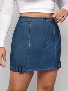 Sylvia Mollie Designer Plus High Waist Buckle Detail Bodycon Elegant Skirt, For Summer, Holiday, Party, Vacation, New Year Eve, Beach - Blue - View 4