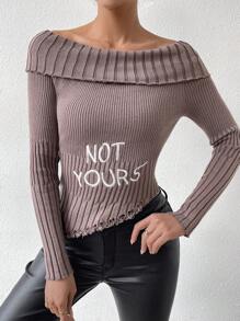 Chiquease Letter Embroidery Foldover Off Shoulder Ripped Asymmetrical Hem Knit Pullover Fall Winter Sweater - Coffee Brown - View 4