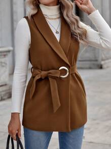 EMERY ROSE Shawl Collar Belted Vest Overcoat - Camel - View 1
