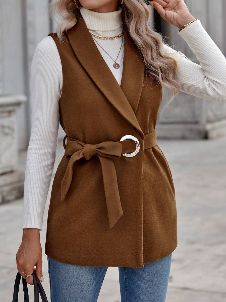 EMERY ROSE Shawl Collar Belted Vest Overcoat - Camel - View 1
