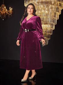 Modelyn Burgundy Red Plus Lantern Sleeve Velvet Dress Without Belt