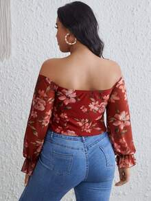 SHEIN VCAY Talla grande Top crop con estampado floral de hombros descubiertos de manga con volante fruncido - Multicolor - Ver 3