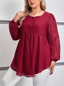 SHEIN Frenchy Plus Solid Button Front Bishop Sleeve Peplum Blouse - Red - View 4